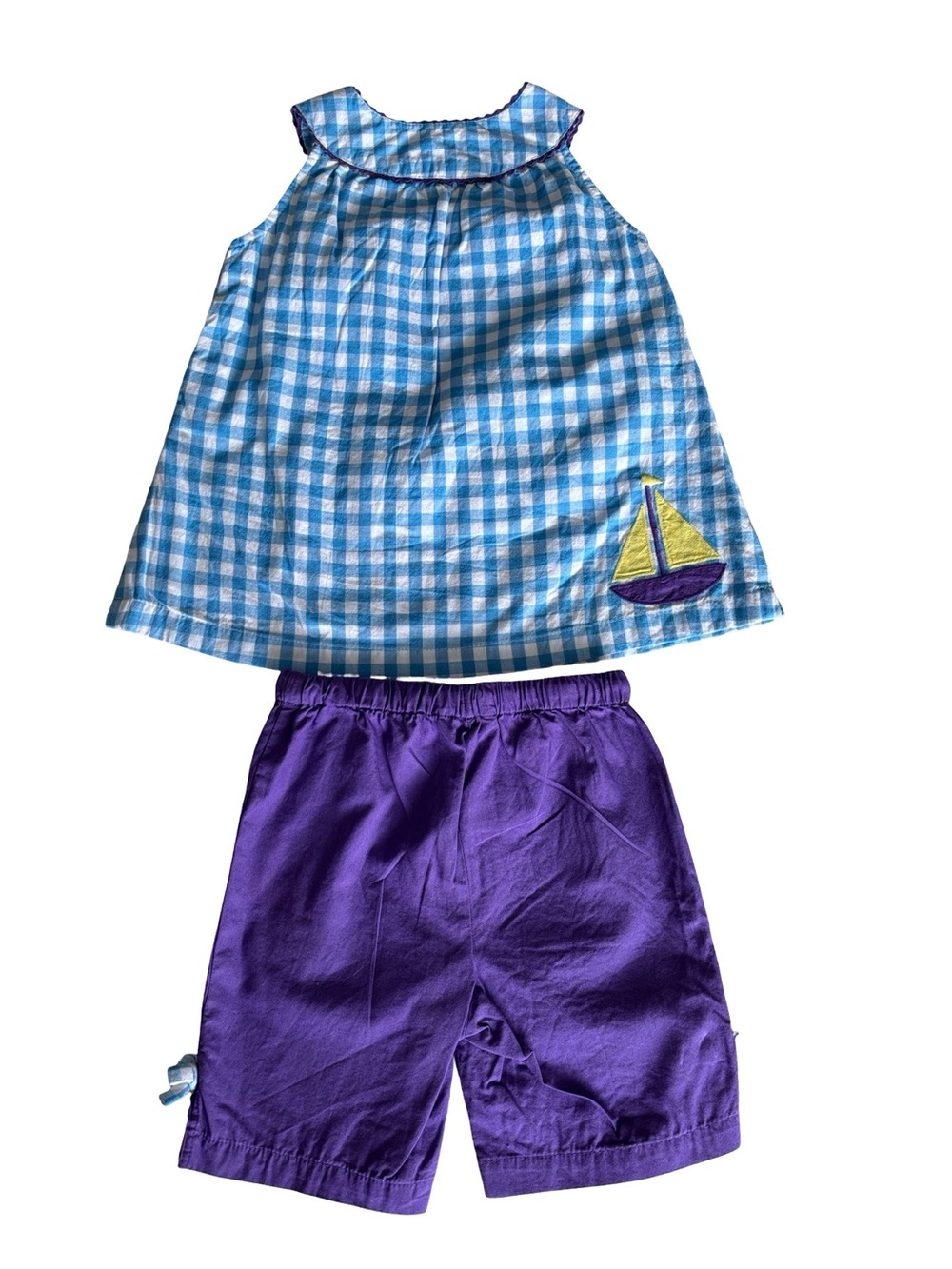 Baby Boden Sailboat Blue White Gingham Top & Cropped Pants - Picture 3 of 10